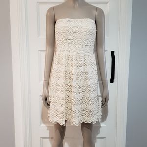 Vanity Womens S Strapless Crochet Overlay Mini Dress Ivory Lined Padded Boho